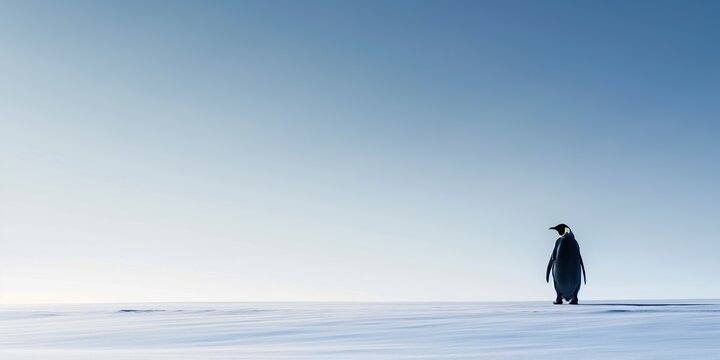 A lone penguin stands in the middle of a snowy expanse under a vast, empty sky, exuding a sense of isolation