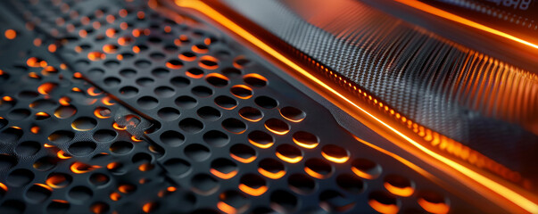 Fototapeta premium Futuristic carbon fiber background with neon orange highlights and textured surface: Strong and dynamic, ideal for high-tech and industrial themes