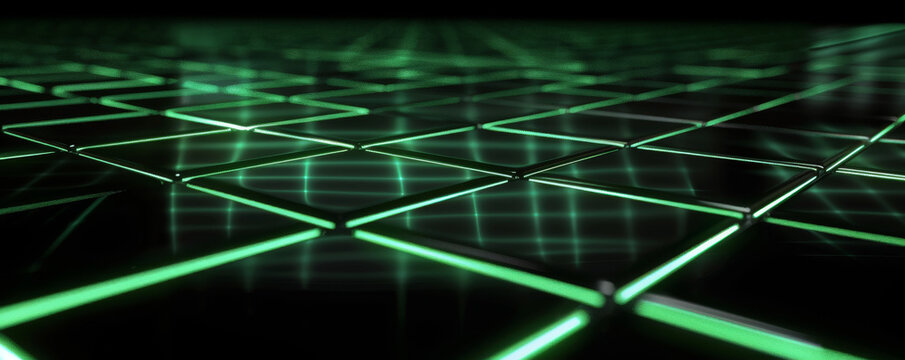 Futuristic matte black background with glowing green grid lines and smooth textures: Sleek and intricate, perfect for high-tech themes