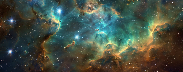Fototapeta premium Galactic space background with a mix of blue, green, and yellow nebulae, bright stars, and deep voids.