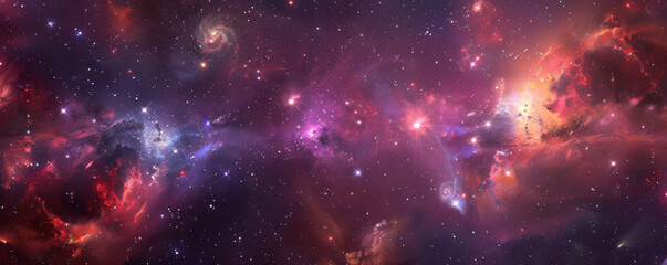 Fototapeta premium Galactic space background with a mix of red, purple, and blue hues, bright stars, and swirling gases.