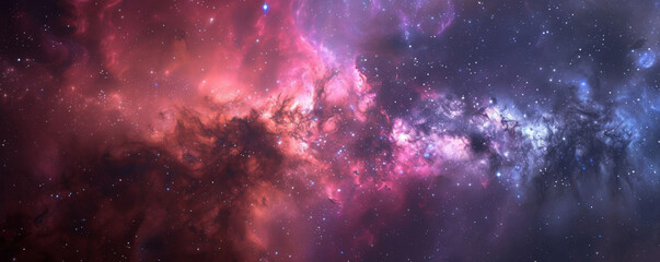 Naklejka premium Galactic space background with a mix of red, purple, and blue hues, bright stars, and swirling gases.