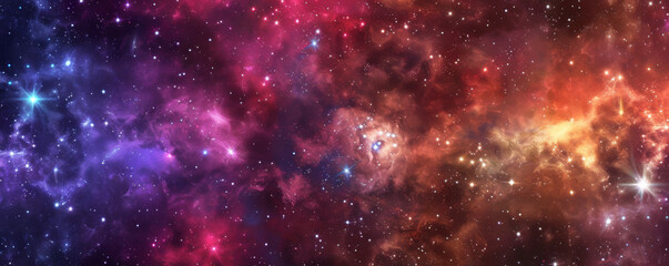 Naklejka premium Galactic space background with a mix of red, purple, and blue hues, bright stars, and swirling gases.