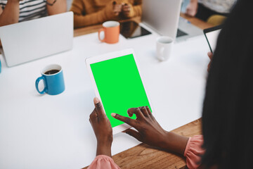 Tablet, green screen and business people in office with collaboration, planning for company pitch. Mobile technology, meeting and chroma key with hands for logo, review or mock up for accounting