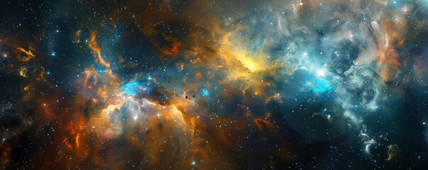 Obraz premium Intense space background with bright white stars, dark black holes, and contrasting blue and yellow nebulae.