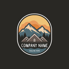 Cabin house rental with forest mountain logo design template, home cabin logo construction. house mountain logo template Vector illustration