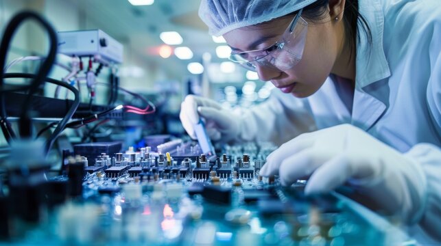 Hi-tech factory: Quality control inspectors examine electronic printed circuit boards for damage. In background assembly line for PCB with surface mount pick and place technology.