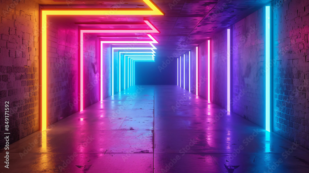 Poster futuristic corridor with vibrant neon lighting in an abstract image