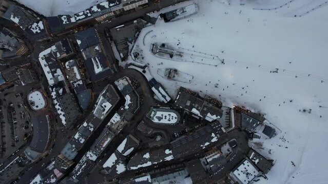 Aerial video over Coll blanc KSB ski resort, Andorra in a snowy winter