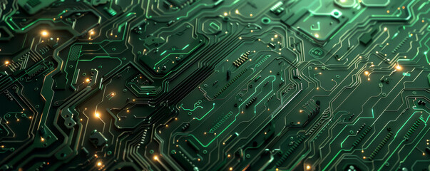 Modern circuit board background with intricate green patterns and metallic elements: High-tech and detailed, ideal for a technological theme