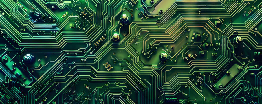 Modern circuit board background with intricate green patterns and metallic elements: High-tech and detailed, ideal for a technological theme