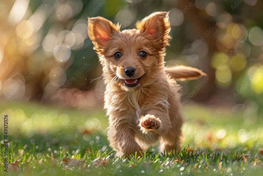 Wall mural Baby Puppy: A playful puppy with floppy ears, running through a grassy yard. 