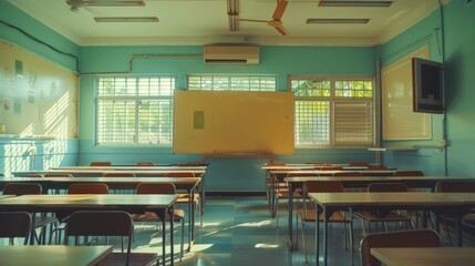 Empty school classroom with wooden-metal tables and chairs for lessons in a high school in Thailand. Inside of secondary education With whiteboard Vintage color tone education concept
