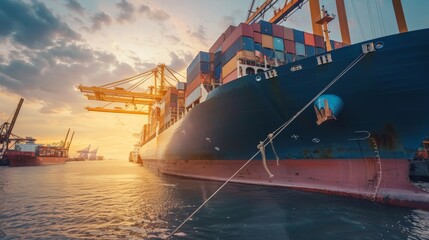 Naklejka premium Photo of logistics and transportation of a container ship with a crane bridge working in the port.