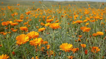 Field of Calendula officinalis the Orange Pot Marigold in its natural habitat