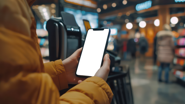 A Close-up Shot of a Smartphone Being Held By a Hand, Displaying a Mobile Payment App Screen, with a Cashier Counter in the Background at a Modern Shopping Center, Transparent Phone Screen