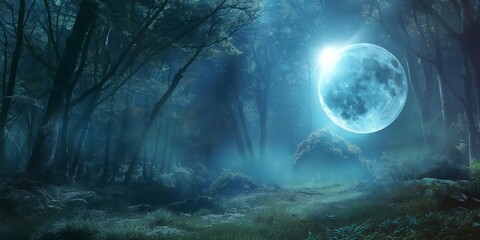 Fototapeta premium A tranquil blue-lit forest scene with a prominent full moon casting a serene ambiance