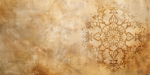 Fototapeta premium Vintage sepia-toned floral mandala design on grungy textured background, ornament concept. Background with copy space