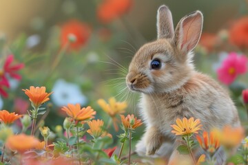 Fototapeta premium Baby Rabbit: A small, furry baby rabbit with long ears and bright eyes, hopping through a meadow filled with colorful flowers.