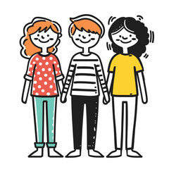 Three young friends standing together, smiling, cartoon characters. Children, diverse, casual clothing, happy, friendship, simple drawing style, isolated white background. Boys girl cheerful
