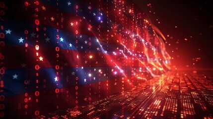 Fototapeta premium A digital illustration of the American flag with binary code, side view, blending patriotism with technology, cybernetic tone, Splitcomplementary color scheme
