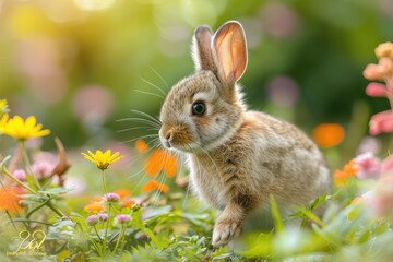 Fototapeta premium Baby Rabbit: A small, furry baby rabbit with long ears and bright eyes, hopping through a meadow filled with colorful flowers.