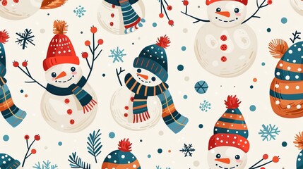 Flat illustration of festive winter elements like mittens and snowmen in a seamless pattern.