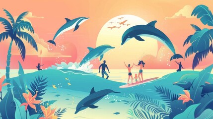 Naklejka premium A vibrant illustration of dolphins leaping out of the water near a tropical beach, with people enjoying various water activities, showcasing a fun and adventurous summer scene