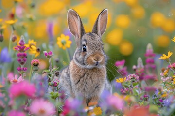 Fototapeta premium Baby Rabbit: A small, furry baby rabbit with long ears and bright eyes, hopping through a meadow filled with colorful flowers.