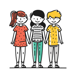 Three children holding hands, smiling faces, colorful clothing, simple line drawing. Cartoon kids standing together, friendship concept, handdrawn characters. Diverse group friends, playful vector