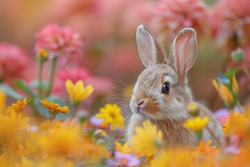 Obraz premium Baby Rabbit: A small, furry baby rabbit with long ears and bright eyes, hopping through a meadow filled with colorful flowers.