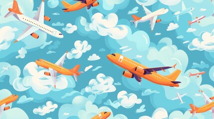 Fototapeta premium Flat design of aviation elements like airplanes and clouds in a seamless pattern for travel themes.