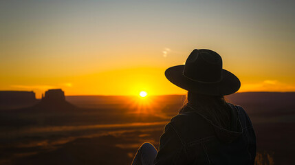 A person in a cowboy hat admiring the sunrise over a sprawling desert landscape.