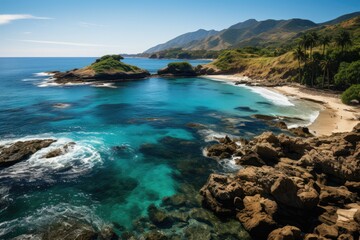 Fototapeta premium Paradisiacal beaches and exuberant forests in Tayrona, Colombia., generative IA