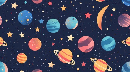 Flat design of celestial bodies like stars and moons in a seamless pattern for a cosmic theme.