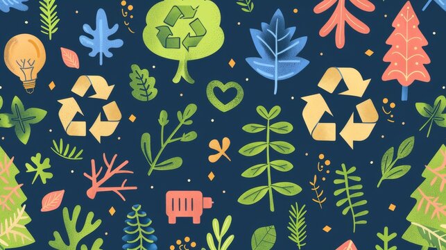 Seamless background with flat illustration of eco-friendly icons like recycling symbols and trees.