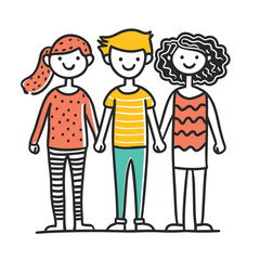 Three young friends holding hands smiling, cartoon characters united happy. Simple doodle style, colorful clothes, two girls one boy friendship concept. Casual attire, youthful, joyful trio