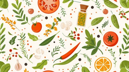 Flat design of kitchen ingredients like herbs and spices in a seamless pattern for culinary themes.