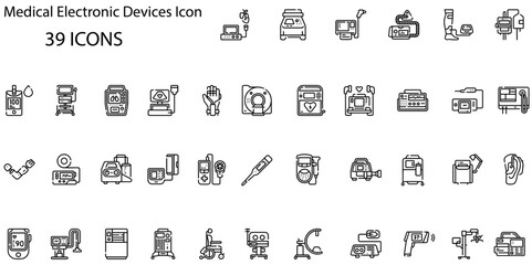set of 39 outline web medical electronic devices icons such as eeg, mri, echocardiography, heart rate monitor, surgical aspirator, breathalyzer, oxygen, jaundice vector thin line icons for web
