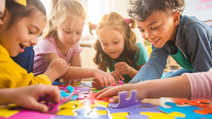 A group of cheerful children completing a colorful oversized jigsaw puzzle together in a brightly lit classroom.