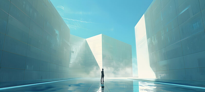 standing in the middle of a modern building at looking up, ai generative