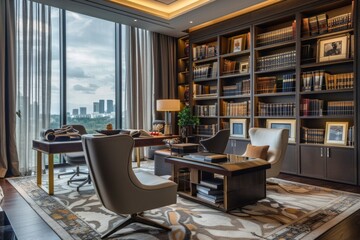 The interior of the luxury home library features a blend of traditional and contemporary decor, providing a unique and stylish space