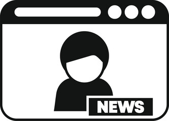 Simple black and white icon of a news website showing a reporter avatar and a news banner