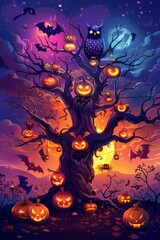 A spooky tree and an ominous owl surround a stunning illustration of pumpkins in Jack O Lantern form on this Halloween themed banner