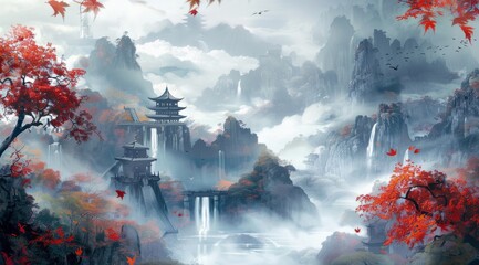 Chinese style landscape painting, colorful autumn leaves on mountains and trees, small pavilions by the lake, misty white clouds floating in front of them, colorful flowers blooming around, and birds 