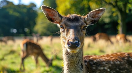 Obraz premium Deer caught off guard young deer gazing at the camera