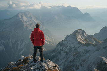 A man standing on top of a mountain looking at a mountain
