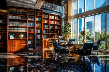 In the luxury home library, the interior design is meticulously planned, with decor elements that reflect a refined taste