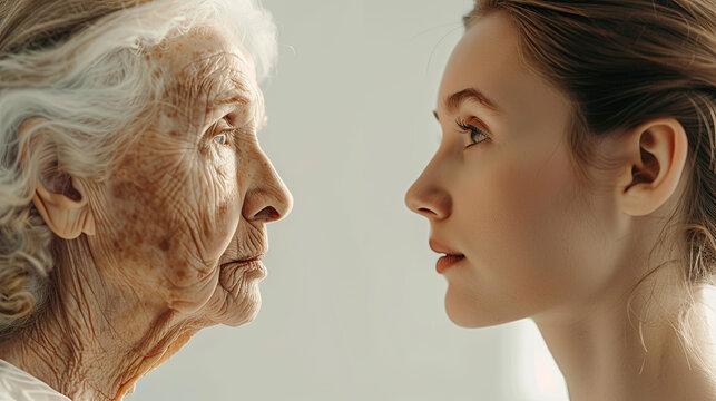 The concept of age, young and old woman as youth and old age