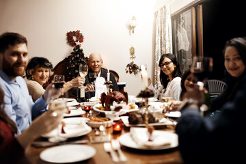 People, family and portrait on dinner table in house with smile for reunion or thanksgiving. Home,...